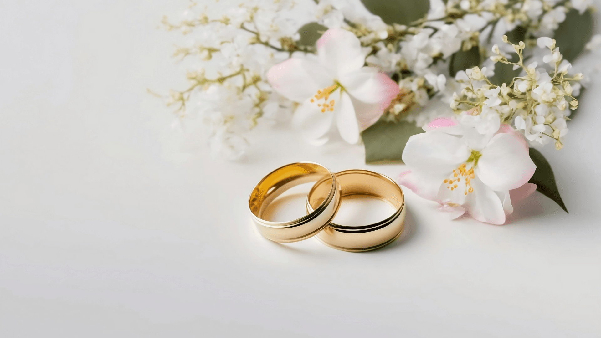 Two gold wedding rings surrounded by delicate white and pink flowers.